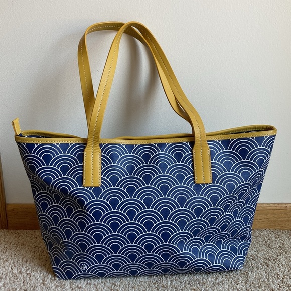 Jonathan Adler Modern Mod Blue White Semi Circle Pattern Canvas Tote Purse Bag - Picture 4 of 14